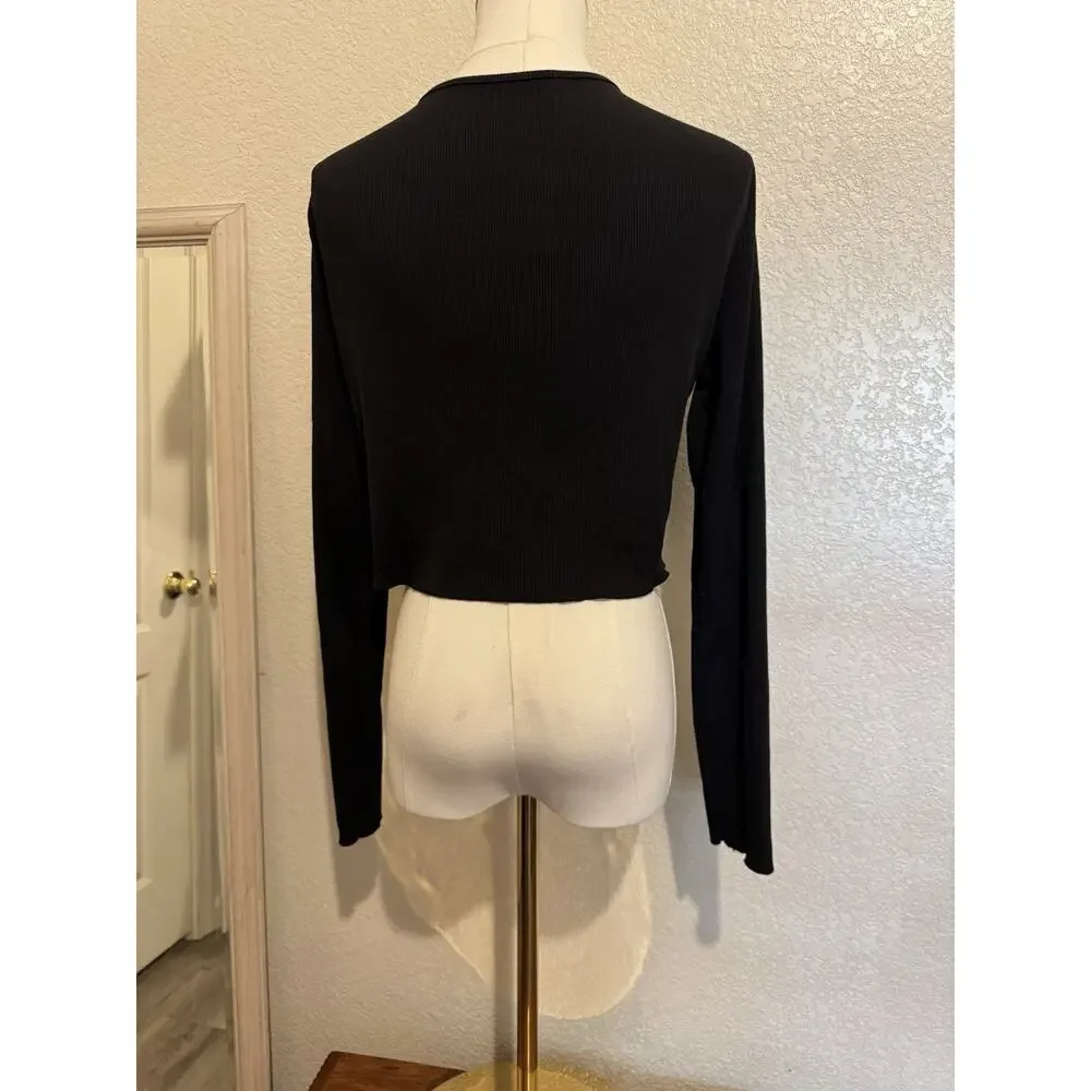 Y2K Black Ribbed Lace Cropped Cardigan Button Up Coquette Fairy Grunge Top L - Picture 4 of 10